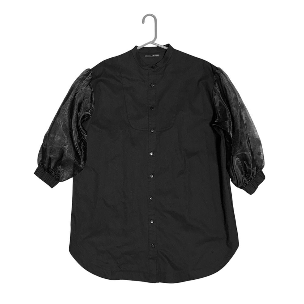 Re.Verofonna Japan Black Band Collar Tunic Blouse Sheer Organza Puff Sleeve